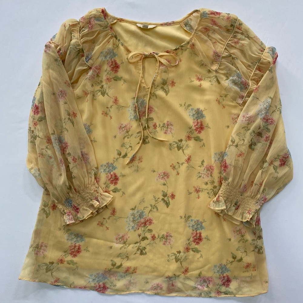 AND Yellow Floral Tie-Neck Sheer Blouse